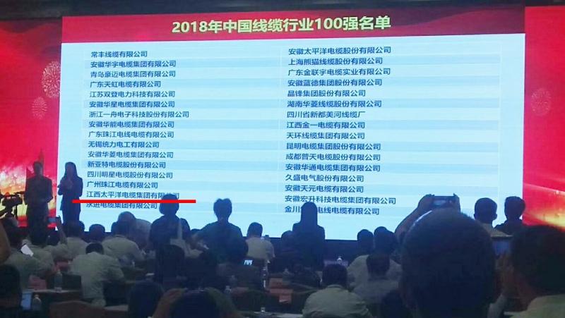 熱烈祝賀江西太平洋電纜集團入選“2018年中國線纜行業100強”
